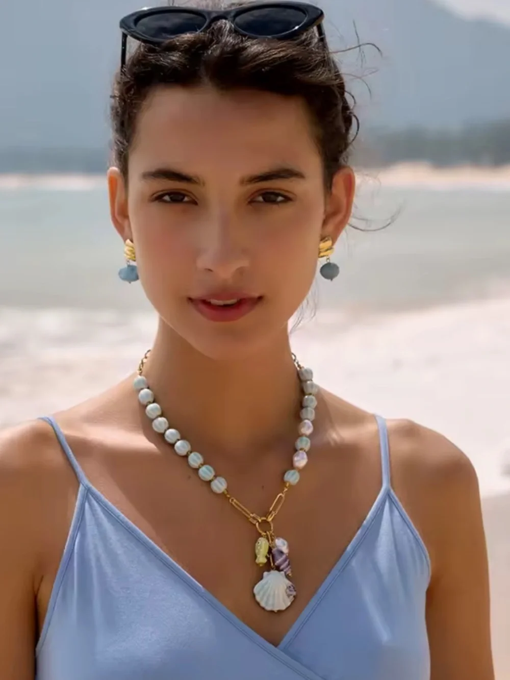 Seashell Blue Beads Gold Chain Beach Style Necklace